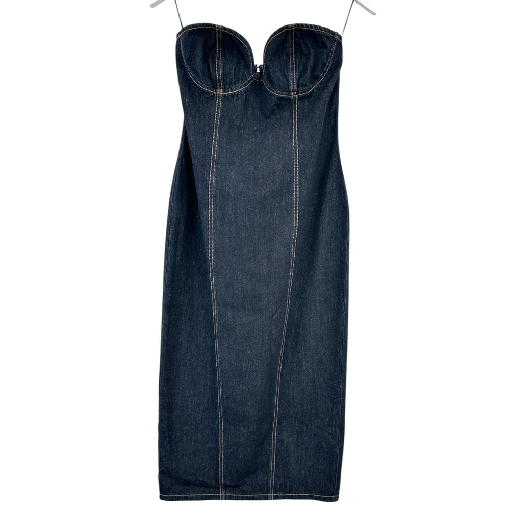 NWT LIONESS Smokeshow Dark Wash Denim Strapless Sleeveless Midi Dress sz M - Picture 4 of 12